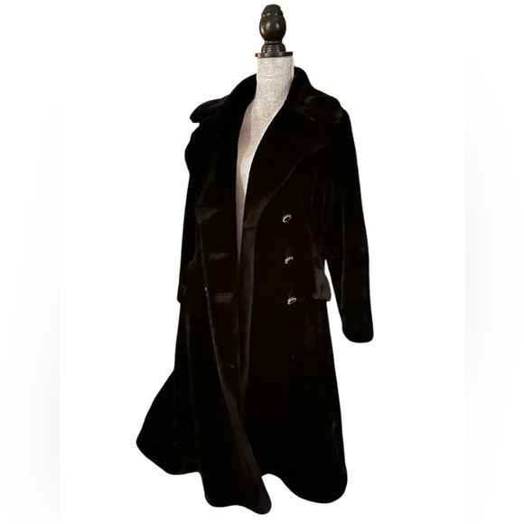 Vintage 60s Borgazia Double Breasted Black Faux Fur Coat w/ Gold Buttons - Picture 3 of 17